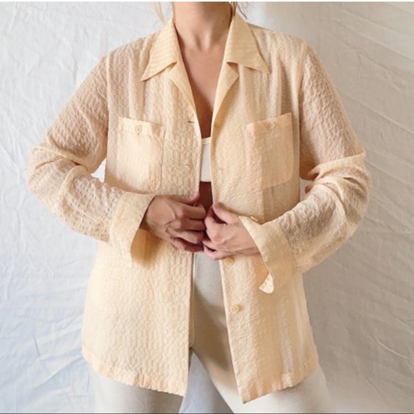 Vintage Tops - Vintage Peach Striped Textured Chiffon Button Down